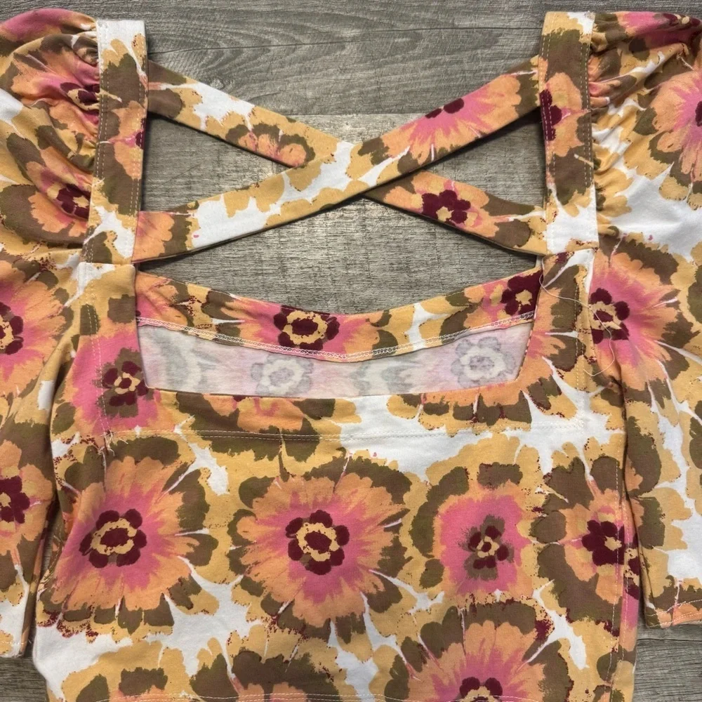 NWT Free People Give Me More Top Ivory Floral Crop Puff Sleeve Square Neck Sz XS